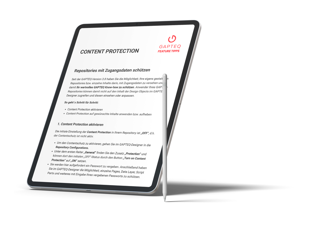 Tablet und Pencil als freigestelltes Bild mit GAPTEQ Feature-Tipp zur GAPTEQ Content-Protection auf dem Screen