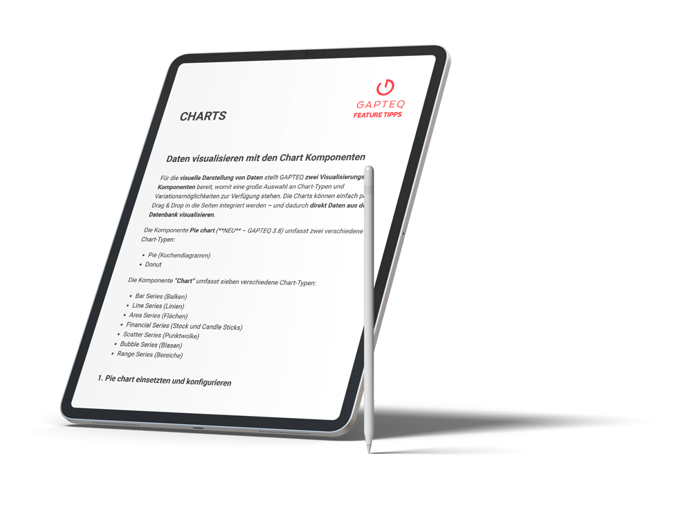 Tablet und Pencil als freigestelltes Bild mit GAPTEQ Feature-Tipp zu GAPTEQ Charts auf dem Screen
