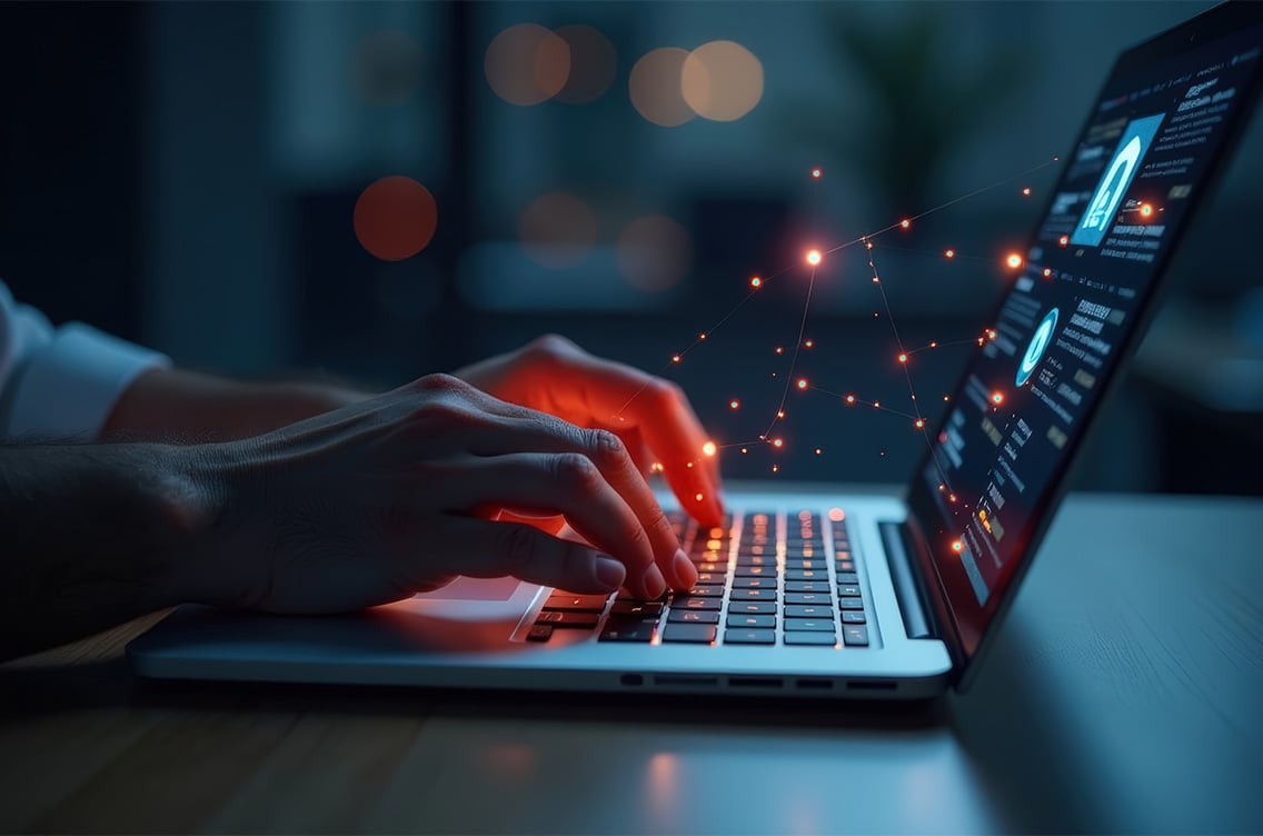 Hände tippen im Dunkeln auf einer Laptop-Tastatur, während leuchtende digitale Funken vom Bildschirm ausgehen.