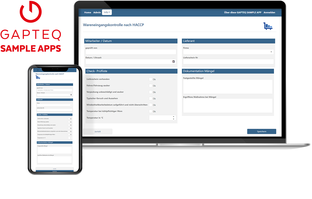 Sample App von GAPTEQ zur Wareneingangskontrolle: Screen in Smartphone- und Laptopoberfläche